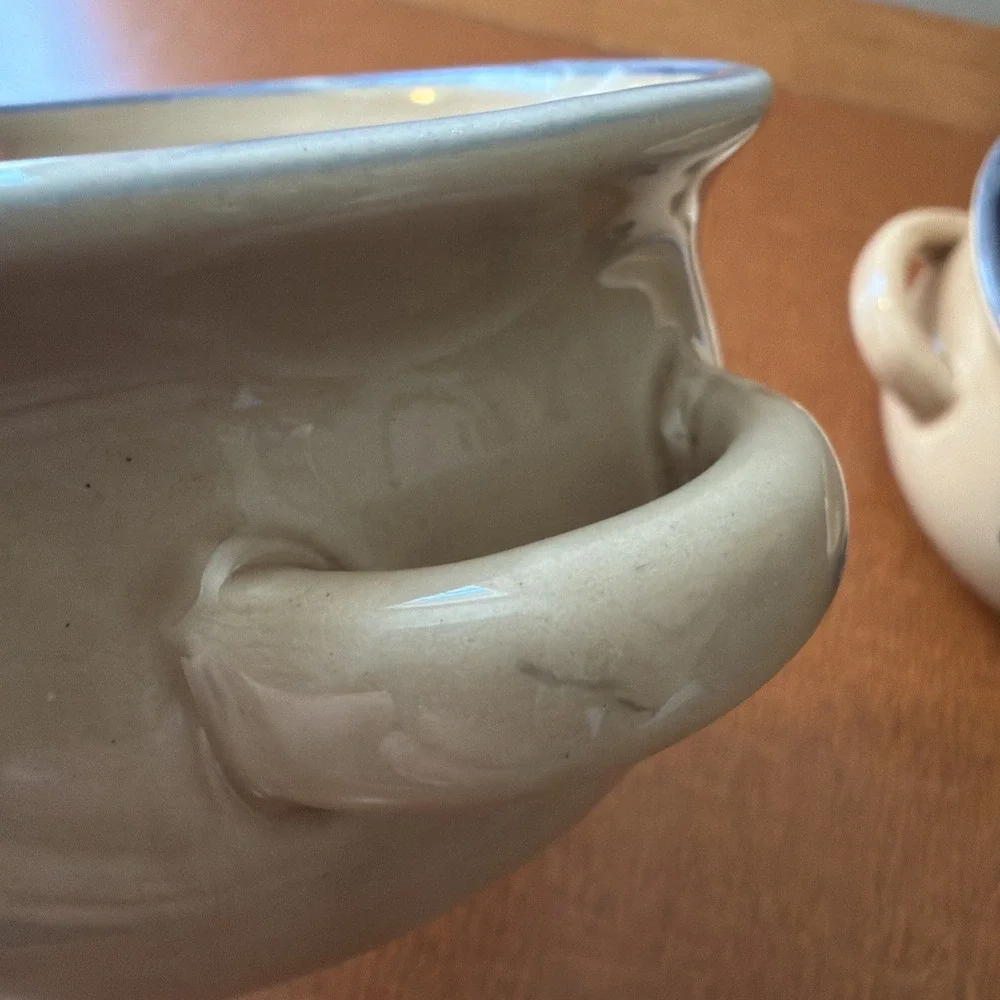 Vtg NCE 1986 Soup Crock Bowl Double Handle Heart Design Stoneware Blue Set 2